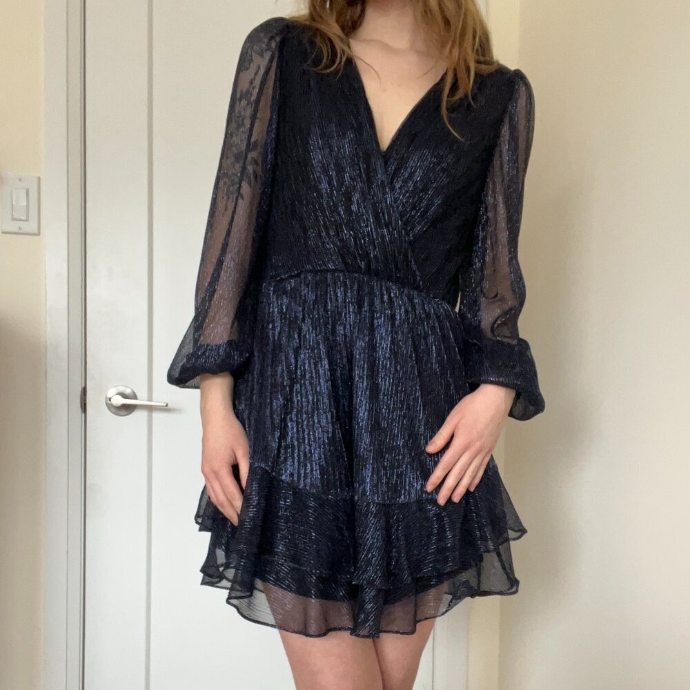 Iridescent Ruffled Mini Formal Dress with Sheer Sleeves